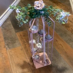 Pretty pink birdcage, tea, light holder